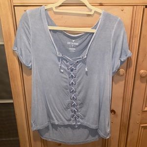 American Eagle Soft & Sexy blue lace up t-shirt, size large